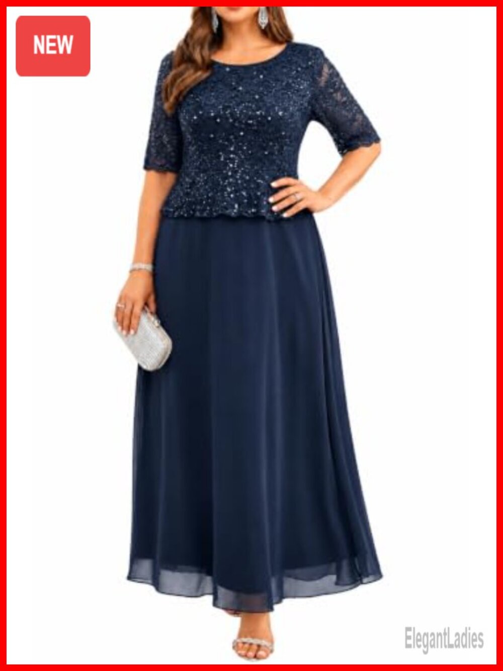 Plus Size Sequin Lace Formal Maxi Dress 3/4 Sleeve A-Line